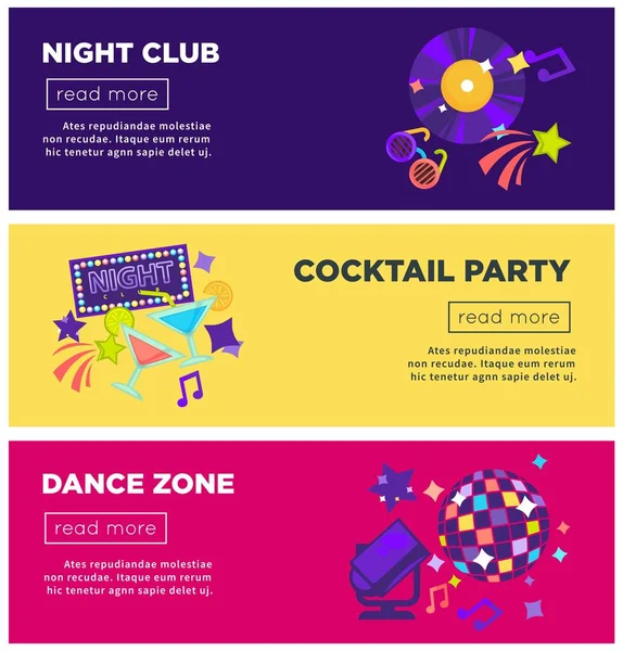 Nachtclub Cocktailparty Feest Dans Zone Web Banners Vector Glamour Luxe — Stockvector