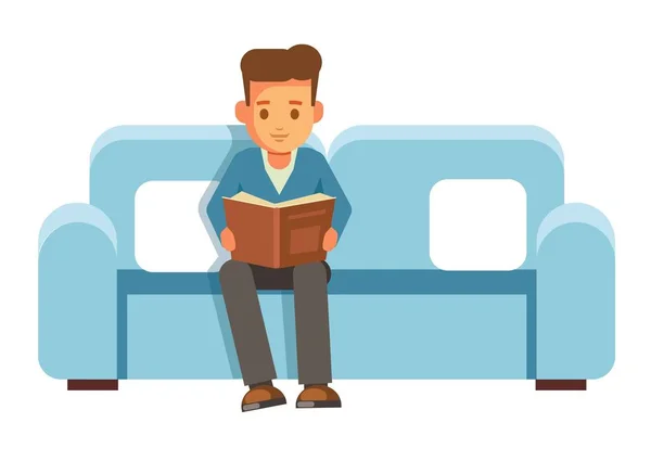Μαθητής Αγόρι Κάθεται Στον Καναπέ Βιβλίο Και Διαβάζει Τύπος Λαμβάνει — Διανυσματικό Αρχείο