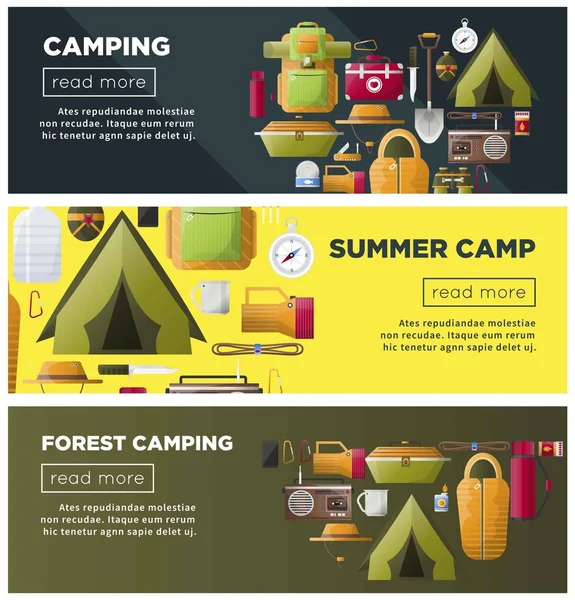 Sommerlager Web Banner Für Pfadfindercamping Und Wanderreisen Abenteuer Vektor Zelt — Stockvektor