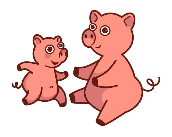 猪妈妈要抱着她的孩子跑 有趣的乡村动物 粉红色的皮肤和卷曲的尾巴行为像父母和小孩子孤立卡通平面矢量图白色背景 — 图库矢量图片