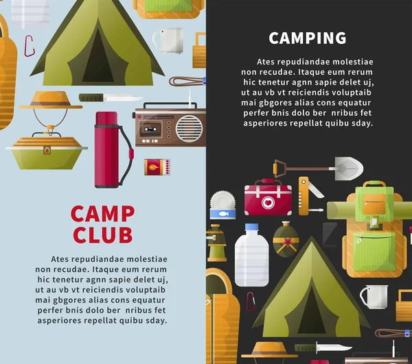 Camp Club Oder Camping Adventure Poster Mit Pfadfinderwerkzeugen Und Wanderzubehör — Stockvektor