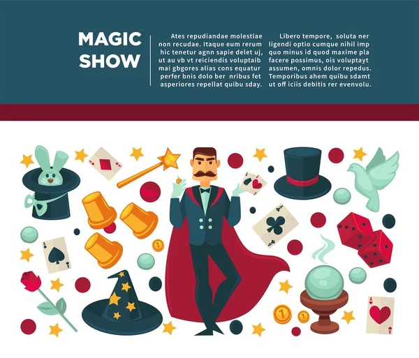 Espetáculo Mágico Mágica Truques Equipamento Cartaz Ícones Planos Vetoriais Homem — Vetor de Stock