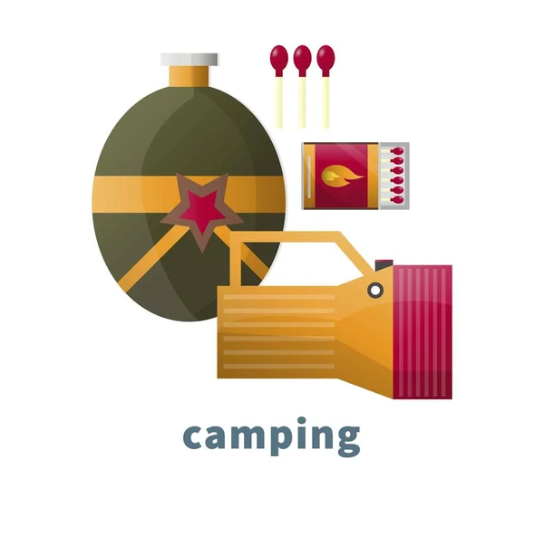 Outils Camping Icônes Flacon Eau Isolé Vectoriel Allumettes Feu Camp — Image vectorielle