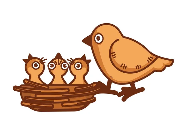Mother Bird Sits Edge Nest Babies Ask Food Open Beaks — Stock Vector