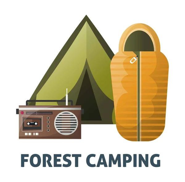 Campingzelt Schlafsack Und Radio Für Wanderlager Und Bergsteigerutensilien Vektor Flach — Stockvektor