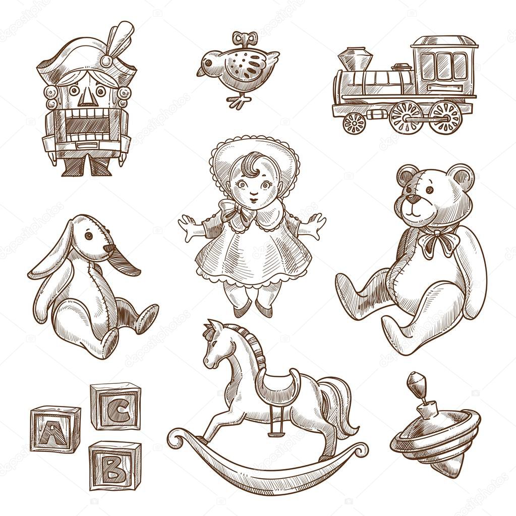 Retro toys sketch collection of vintage doll or nutcracker, horse swing and plush bear or bunny. Vector hand drawn icons of alphabet cubes and clockwork plaything, toy train and spinning top