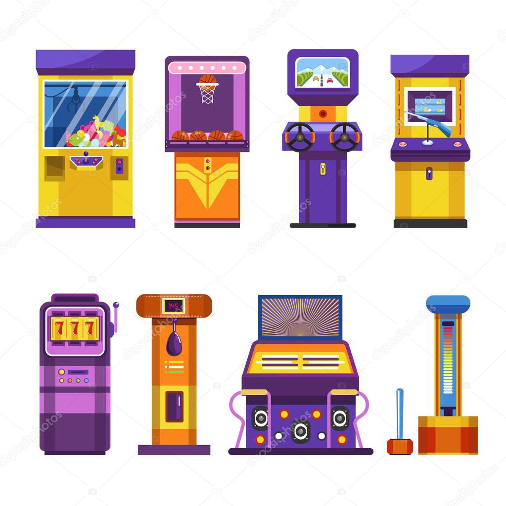 Retro game machines with joysticks and big screens set. Special automatic devices to have fun, make dance battle, show strength and win toy isolated vector illustrations on white background.