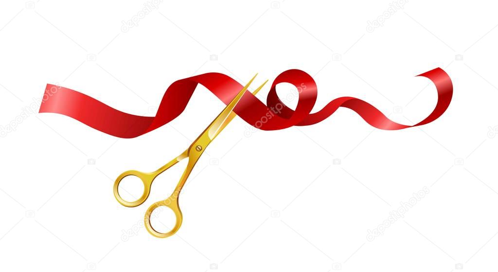 Scissors cutting red ribbon symbol for opening event. Vector isolated golden scissors icon for open VIP ceremony cut design element