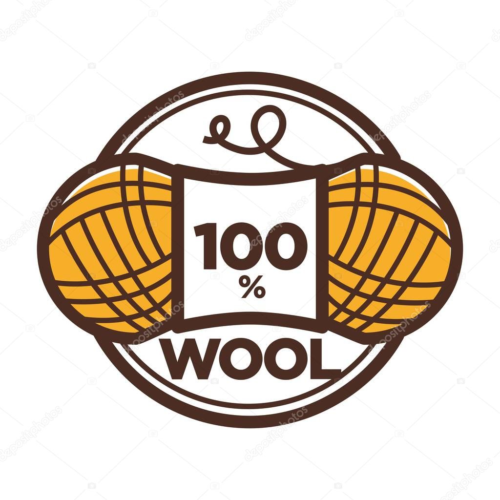 Wool clew for 100 percent textile label or knitwear and knitted clothing label tag. Vector isolated icon of wool yarn