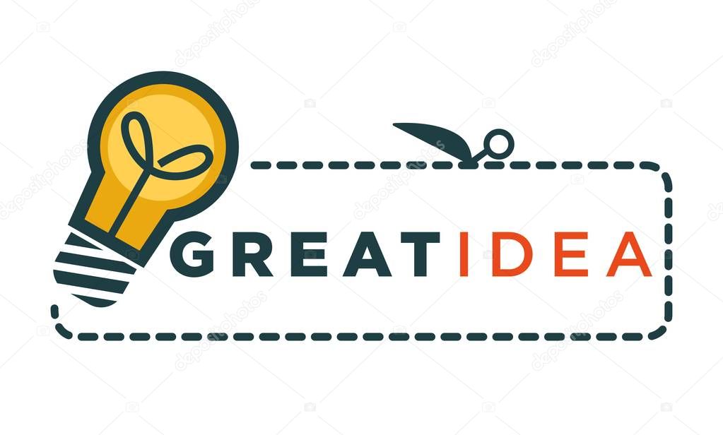 Great idea promo logotype with light bulb and sign. Ingenious thought commercial emblem. Smart project symbolic sticker with cut line isolated cartoon flat vector illustration on white background.
