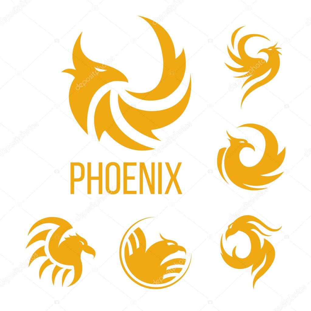 Phoenix fantasy bird logo templates. Vector icons of golden mystic firebird in flame fire wings for airlines, tattoo design or company symbol