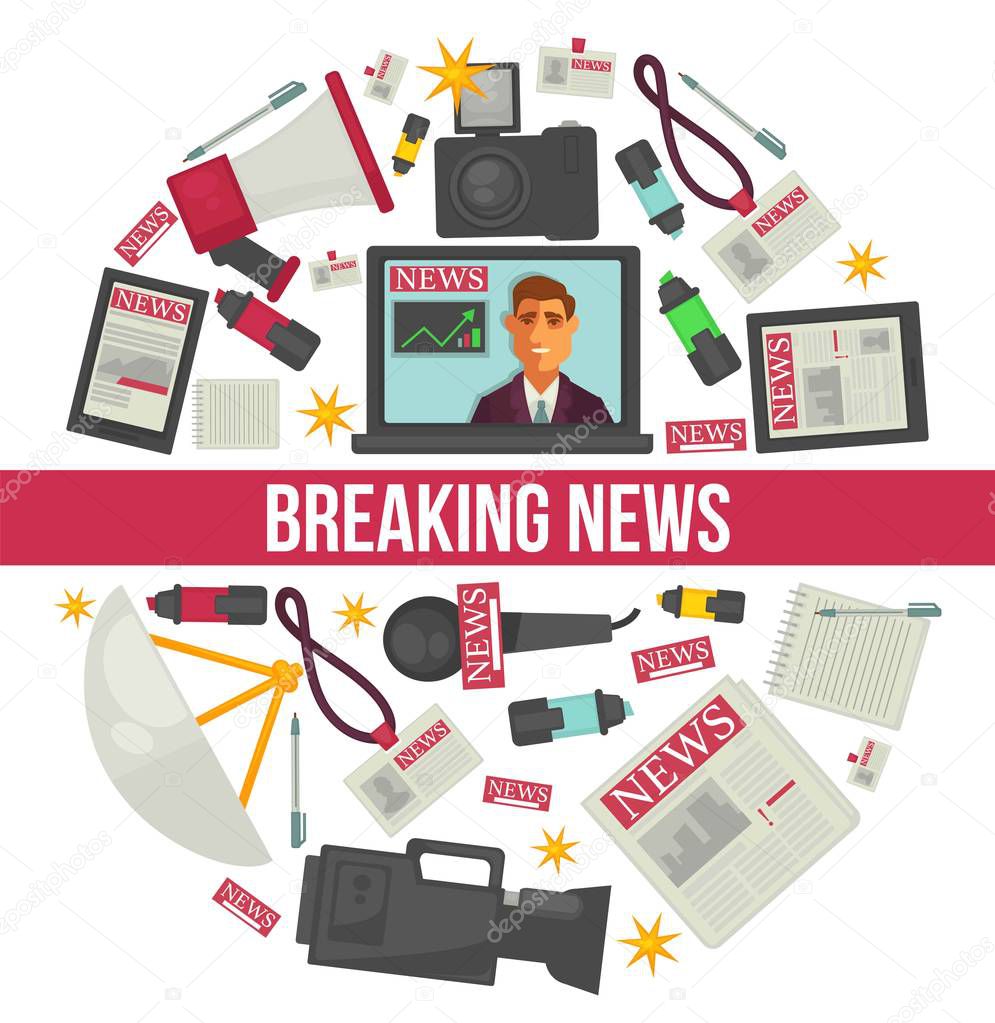 Breaking news poster of TV anchorman broadcast reporter or journalist work equipment. Vector design of notebook computer with news television, video camera and antenna