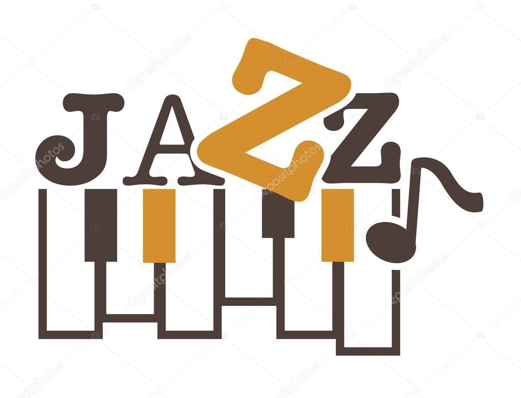 Jazz music promotional emblem with piano keys and sign in unusual font. Classy genre name and musical instrument on commercial logotype isolated cartoon flat vector illustration on white background.