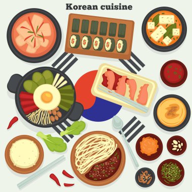 Kore mutfağı geleneksel yemekler ve yemekler vektör kimchi çorba ve rulo hobak juk ve bibimbap jajangmyeon ve ahtapot pirinç ve yosun konggunksu ulusal yemek ve mutfak seyahat