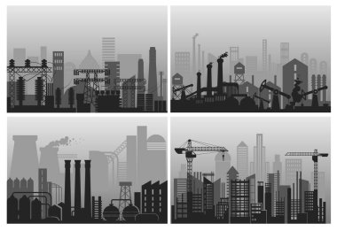 Endüstriyel araziler, fabrikalar ve fabrikalar, inşaat vinçleri vektörü. Rafineri panoraması ve üretim binaları gökyüzü çizgisi. Üretim endüstrisi, şehir mimarisi siluetleri, şehir manzarası
