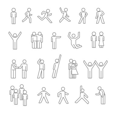 Kadın ve erkek taslak simgeleri, hareket halindeki insan silueti veya kalabalık ve grup vektörü. Koş ya da yürü, sarıl ve zıpla, erkek ve kadın. Anlaşma imzası veya el sıkışma, el kaldırma ve dans, toplum