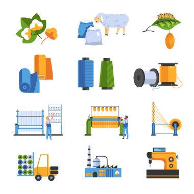 Cotton and wool or silk textile factory isolated icons vector field flowers silkworm and sheep fur fabric and threads industrial machine car and plant building mass production and sewing machine clipart