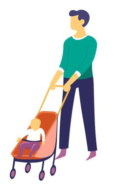 Bekar ebeveyn ve babalık bebek arabasında bebekle yürüyor izole edilmiş karakter vektörü çocuk bakımı baba-oğul ya da kız çocuk yetiştirme çocuk bakımı ve bebek arabası tutan adamı sevme yürüyüşü