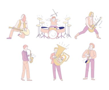 Rock ve orkestra müzisyenleri izole karakterler müzik endüstrisi vektör gitar ve davul bas ve saksafon trompet gösterisi veya konser canlı ses gitarist ve davulcu basçı ve saksafoncu