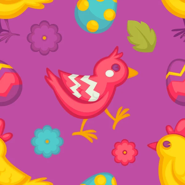 Chicken Flower Painted Eggs Easter Seamless Pattern Vector Bird Plant — Stock Vector