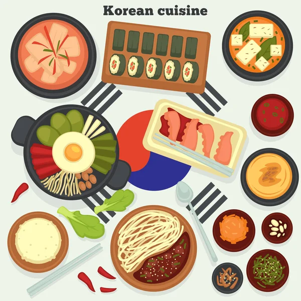 韓国料理の伝統料理や食事ベクトルキムチスープとロールホバクジュクとビビンバップジャジャンミヨンとタコライスと海藻コングンクスの国民料理と料理への旅 — ストックベクタ