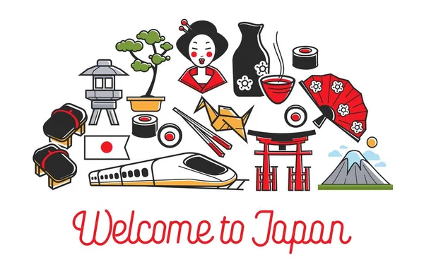 Welkom Japan Cultuur Japanse Land Symbolen Vector Sushi Bonsai Geisha — Stockvector