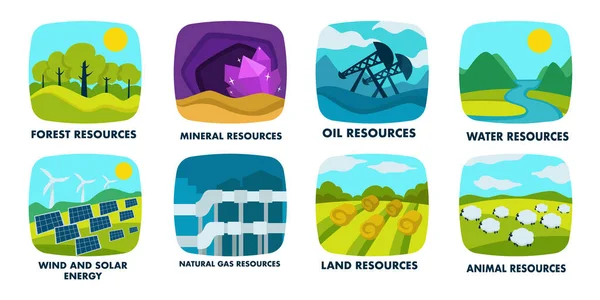 Recursos Naturales Aislados Iconos Ecología Medio Ambiente Vector Bosques Minerales — Vector de stock