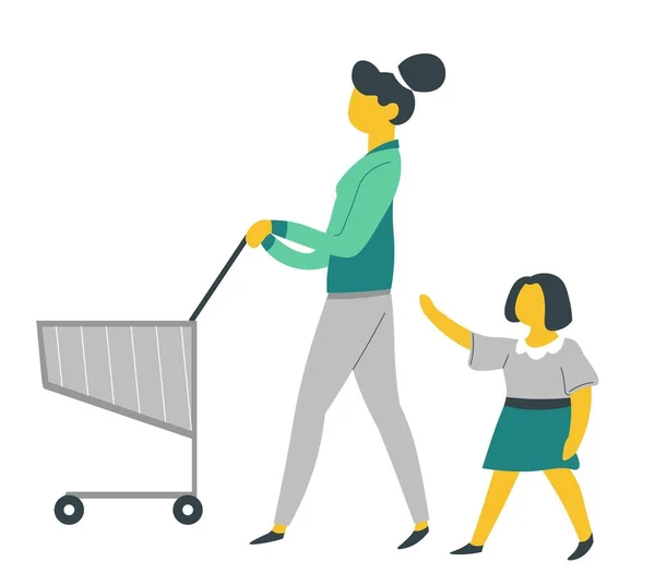 Föräldraskap Och Barnomsorg Mor Och Dotter Shopping Med Supermarket Cart — Stock vektor