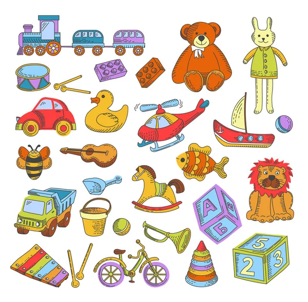 Kindergarten Childish Toys Child Games Isolated Icons Vector Train Bear — ストックベクタ
