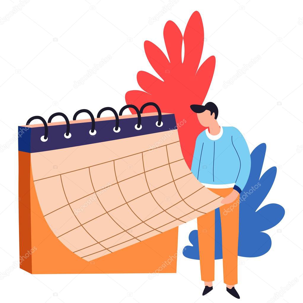 Organizer or calendar time management man business concept vector isolated character and abstract plants date advanced planning organization and strategy schedule project events weeks and days