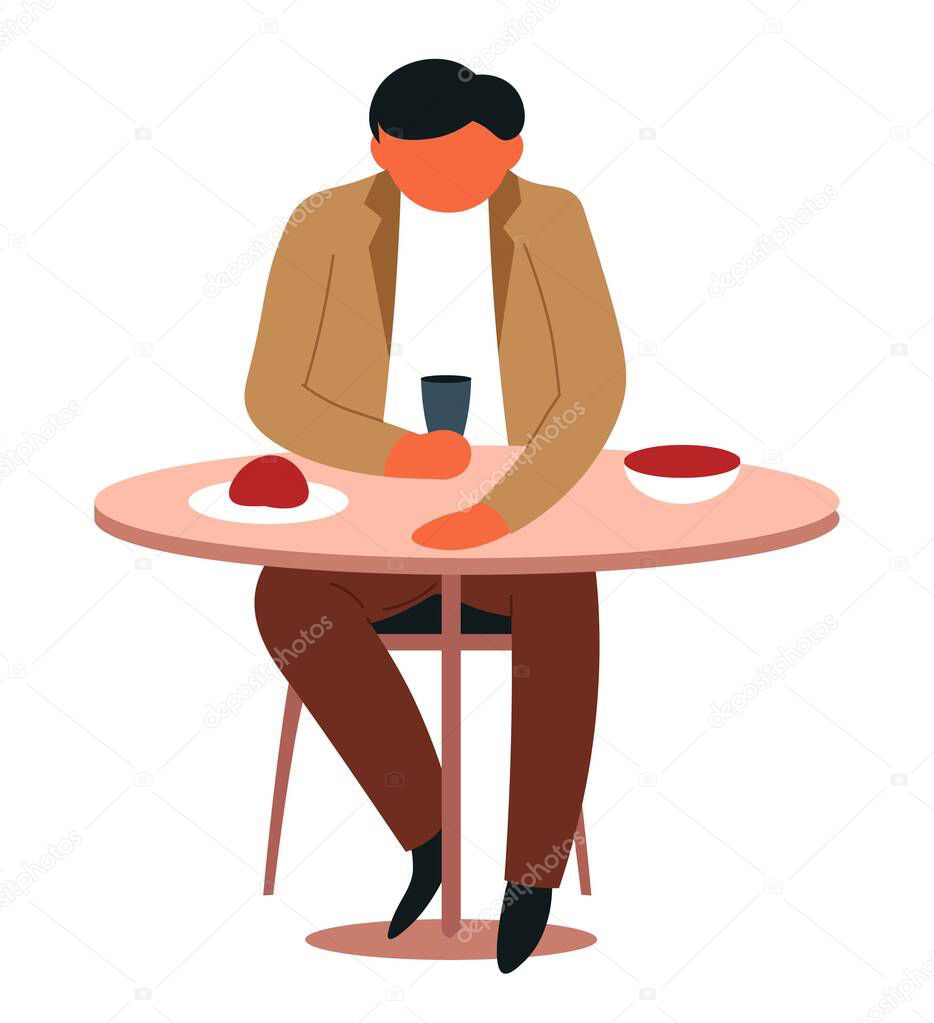 Plates and drink on table man eating at canteen isolated male character vector business lunch or supper morning branch at work place bowl and cup meal time food dishes businessman at cafeteria