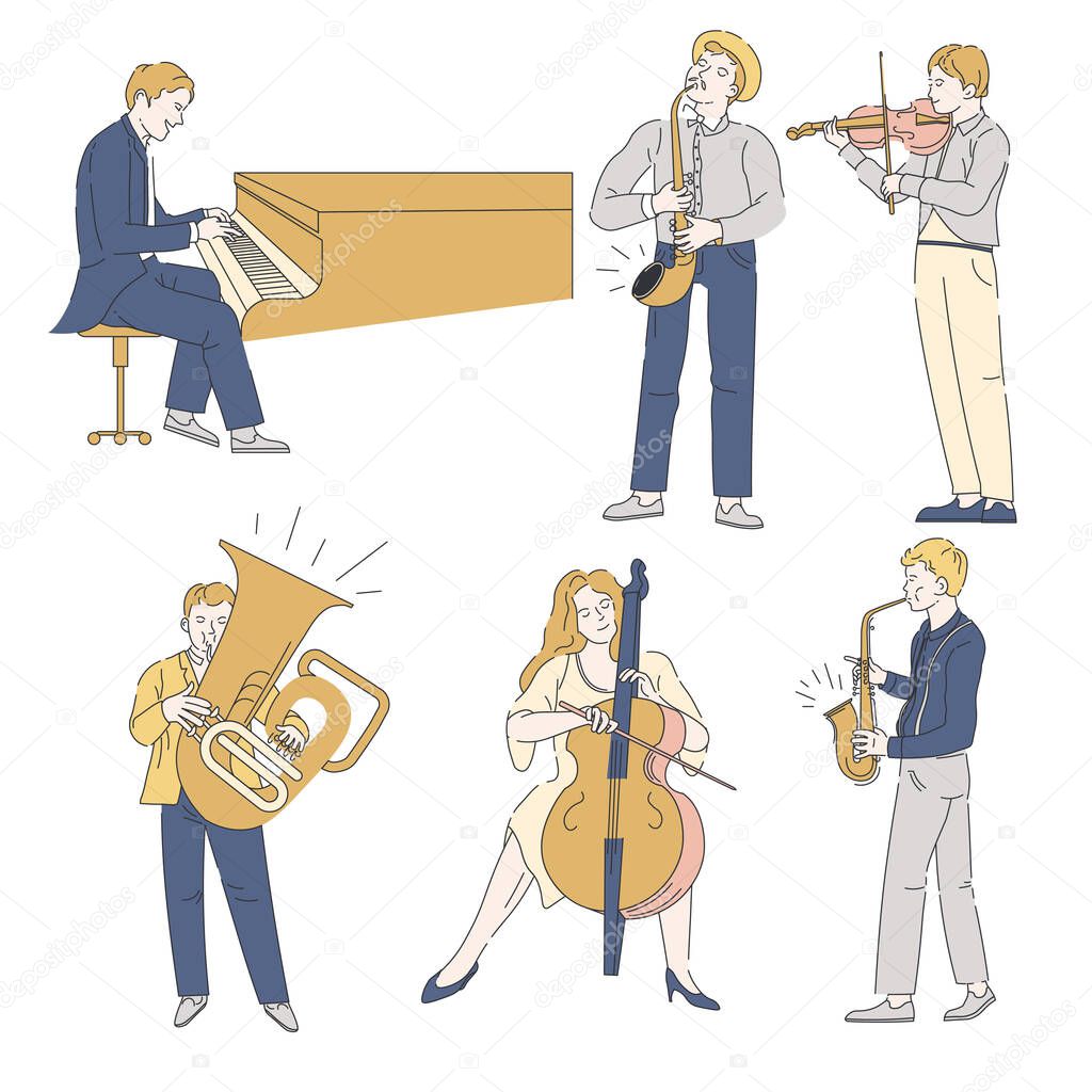 Jazz or classic music show musicians and musical instruments, orchestra vector isolated characters. Man and woman, saxophone and trumpet, cello and piano. Violin concert, musical composition