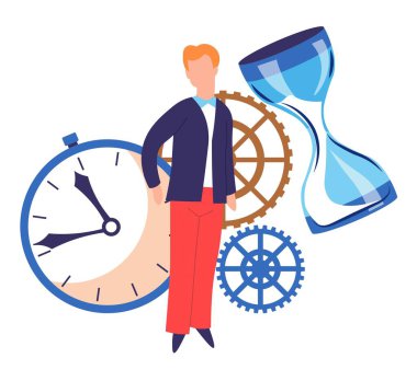 Zamanlayıcı ve kum saati zaman kavramı cogwheels ve adam veya işadamı vektör izole erkek karakter gelişmiş planlama ve yönetim bekleme veya yaşlanma ölçüm araçları mekanizması ayrıntıları verimlilik