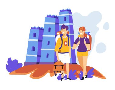 Sırt çantaları ile Çift turizm gezi antik kale vektör mimarisi ve dönüm noktası erkek ve kadın yürüyüş veya seyahat tatil veya tatil seyahat ya da yabancı ülke keşif gezi