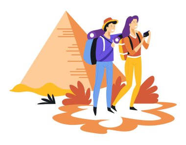 Sırt çantaları ve Mısır piramitleri vektör ile seyahat ve gezi turizm çift mısır yürüyüş turu erkek arkadaşı şapka ve akıllı telefon yaz tatili veya tatil yürüyüş ile kız arkadaşı seyahat