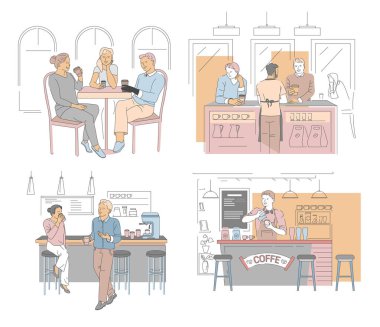 Kahve evi, bar ve barista, sıcak içecekler, izole kahve ikonları vektörü. Bira makinesi ve masalar, önlüklü barmen, Americano ve latte. Bardakta kapuçino ve moka, hazır kahve.