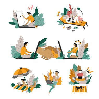 Laptop serbest soyut kavram mesajlaşma iş ve sanat vektör resim ve iletişim uzak iş yaslanma ve kanepe Internet bağlantısı online görüşme modern istihdam üzerinde ev güneşlenme