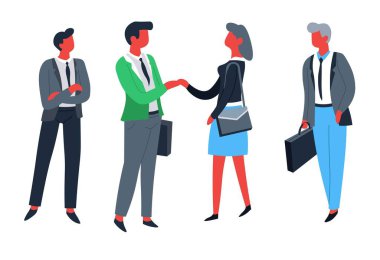 El sıkışma ve iş adamları ve iş kadınları işçi ve çalışanları izole karakterler vektör kurumsal personel ofis çalışanları takım elbise ve kravatlar işbirliği ve sözleşme imzalama ile ilişkiler