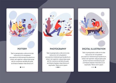 Fotoğraf çömlek ve dijital illüstrasyon web sayfası şablonları vektör sanat veya hobi online öğrenme sınıfları veya video dersleri Internet sitesi mockup hazırlanmış kil vazolar fotoğraf makinesi ve modern dizüstü bilgisayar
