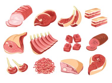 Kasap dükkanı, et ürünleri, izole edilmiş gıda vektörü. Sığır eti ve domuz eti, jambon ve sosis, dana ve salam, pastırma ve kuzu. Biftek ve pirzola, sığır filetosu ve domuz yağı, fileto, pazar ve yemek malzemeleri.