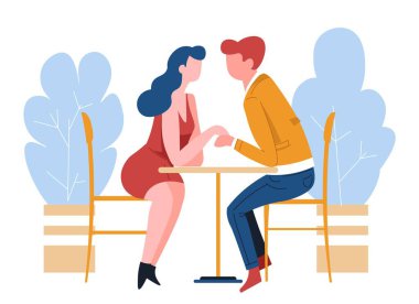 Romantik ilişki yaşayan erkek ve kadın kafe vektörü kız ve sandalyeli adam el ele restoran terasında aşk ve sevgi dolu sevgililer yazında buluşuyorlar.
