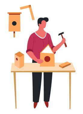 Marangozluk veya inşaat erkek hobi kuşevi bina izole karakter vektör ahşap kuşlar konut veya besleyici çekiç nd masa beceri ve eğlence eğlence eğlence veya aktivite detayları montaj