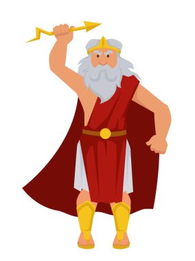 Yunan Tanrısı Zeus izole erkek karakter yaşlı gri adam elinde yıldırım şekil li ok vektör antik mitoloji olimpos cetvel kırmızı pelerin ve altın taç Yunanistan efsaneleri ve tarih sihirli güç