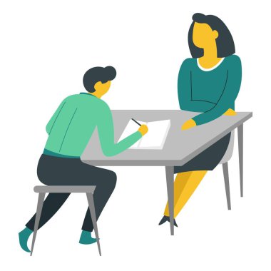 Anne, öğretmen ve genç, masa vektöründe ödev yapıyor. Karakterleri izole ediyor. Aile, çocuk eğitmeni ve çocuk yetiştirerek ev ödevi defteri, kalem ergenliği ve ergenlik çağındaki ergen öğrenciler yetiştiriyor.