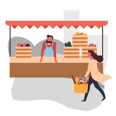 Sebzeler ve meyveler ahşap kutularda market satıcısı ve önlüklü alıcı vektör ve çantalı kadın organik tarım ürünleri alıp satıyorlar.