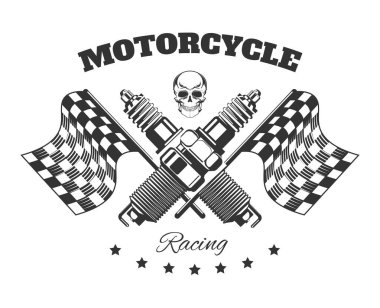 Motosiklet yarışı kulübü, motosikletçiler topluluğu ikon vektörü. Kafatası ve damalı bayrak, bujiler, araba parçaları ve ekstrem motosiklet sporu. Bisiklet yarışı ve onarım, otoyol ve tur