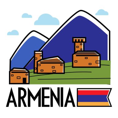 Ancient Armenian buildings in mountains Armenia traveling and tourism vector nature and architecture mounts and brick constructions national flag landscape or view journey or trip to Caucasus clipart