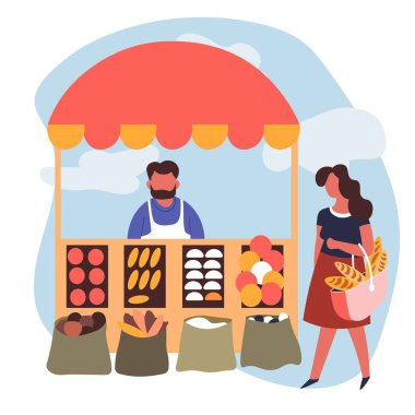 Seller and customer market vegetables stall man and woman vector fresh farm food selling organic products tent vendor in apron and buyer with bread in bag marketplace shelves and sacks shopping