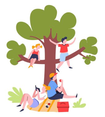 Açık yaz etkinliği aile piknik ağaç vektör anne okuma kitap baba ile elma oğlu ve kızı dalları park eğlence eğlence anne ve çocuk aperatifler ve battaniye yeme
