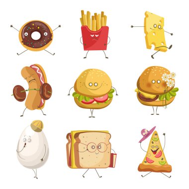 Yüzü olan fast food karakterleri, yüz ifadeleri olan sokak atıştırmalıkları, izole ikon vektörü. Donut ve kızgın patates kızartması, peynir ve sosisli sandviç. Hamburger ve yumurta, sandviç ve pizza.